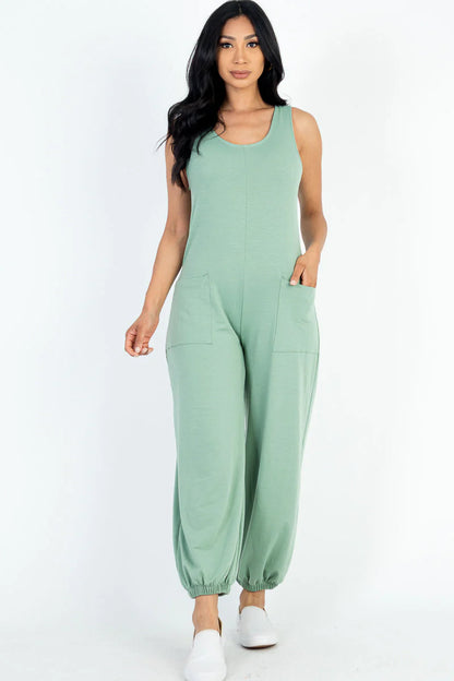 Casual Solid French Terry Sleeveless Scoop Neck Front Pocket Jumpsuit (CAPELLA)