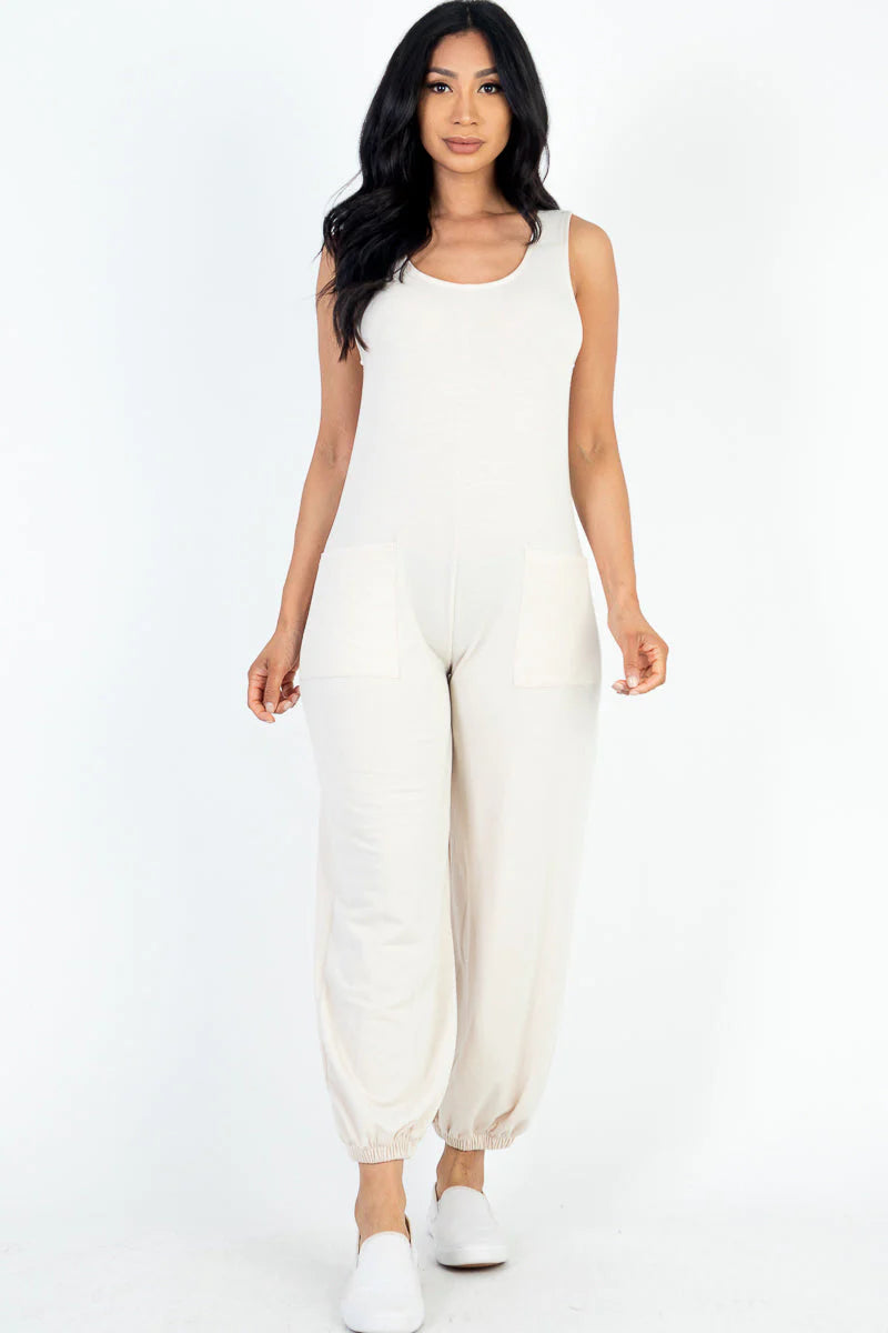 Casual Solid French Terry Sleeveless Scoop Neck Front Pocket Jumpsuit (CAPELLA)