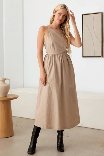 Natural Open Back Tie A-Silhouette Midi Dress