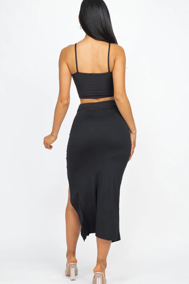 Cami Crop Top & Ruched Side Split Hem Midi Skirt Set (CAPELLA)