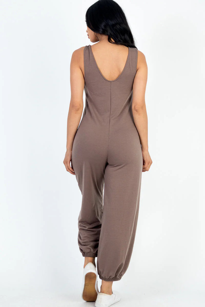 Casual Solid French Terry Sleeveless Scoop Neck Front Pocket Jumpsuit (CAPELLA)