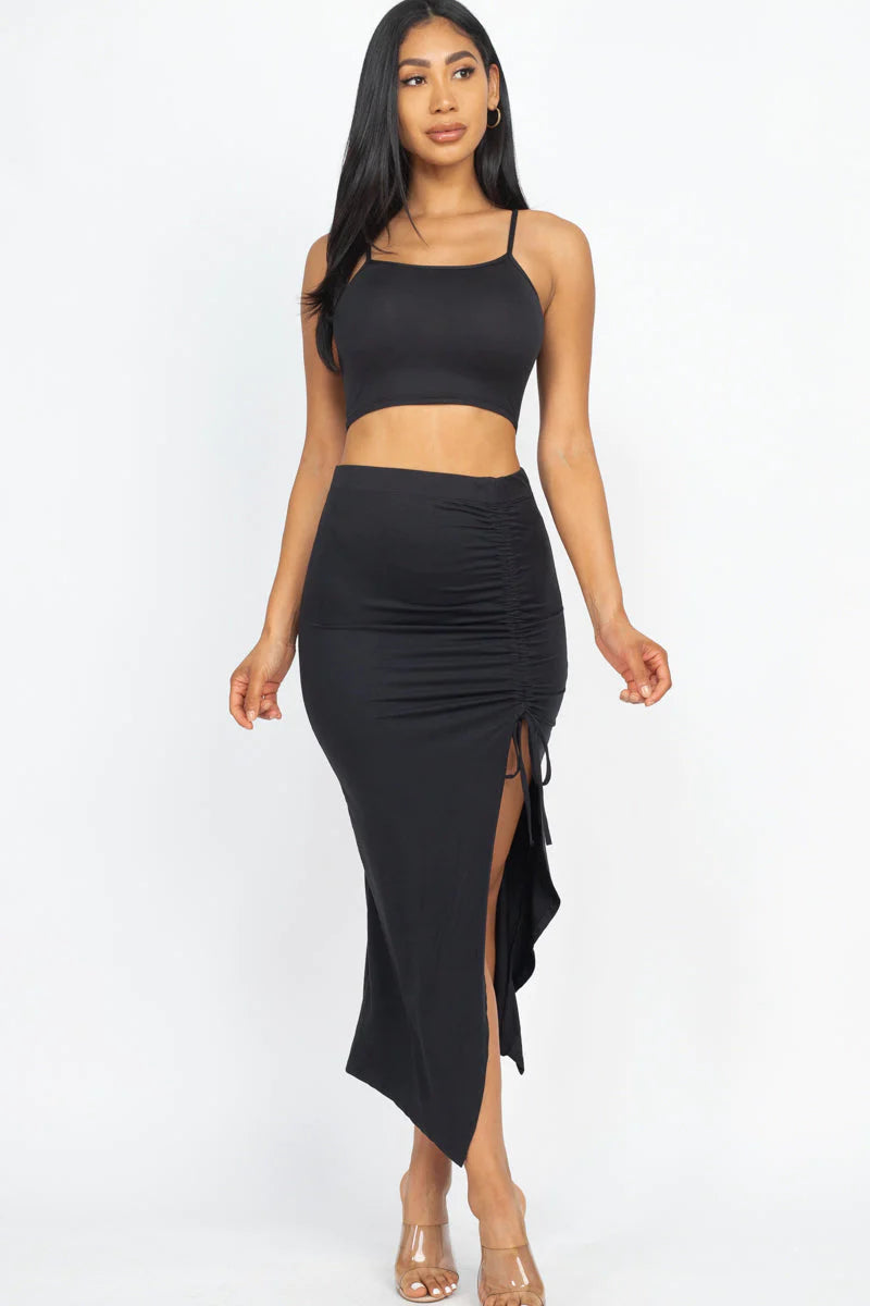 Cami Crop Top & Ruched Side Split Hem Midi Skirt Set (CAPELLA)