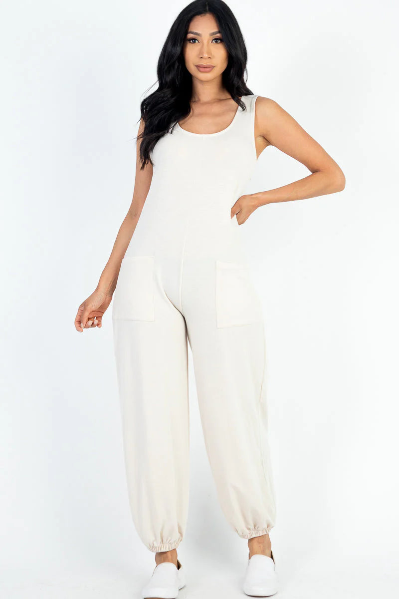 Casual Solid French Terry Sleeveless Scoop Neck Front Pocket Jumpsuit (CAPELLA)