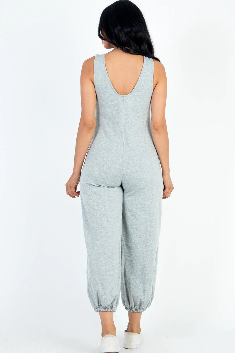 Casual Solid French Terry Sleeveless Scoop Neck Front Pocket Jumpsuit (CAPELLA)