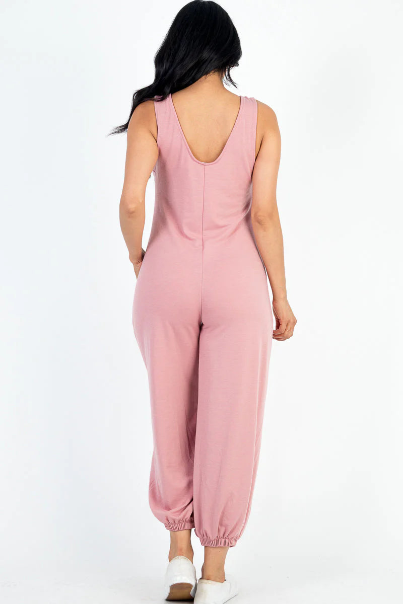 Casual Solid French Terry Sleeveless Scoop Neck Front Pocket Jumpsuit (CAPELLA)