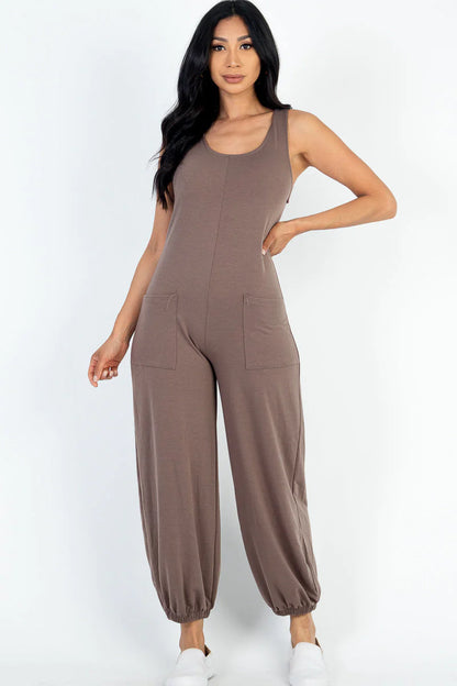 Casual Solid French Terry Sleeveless Scoop Neck Front Pocket Jumpsuit (CAPELLA)