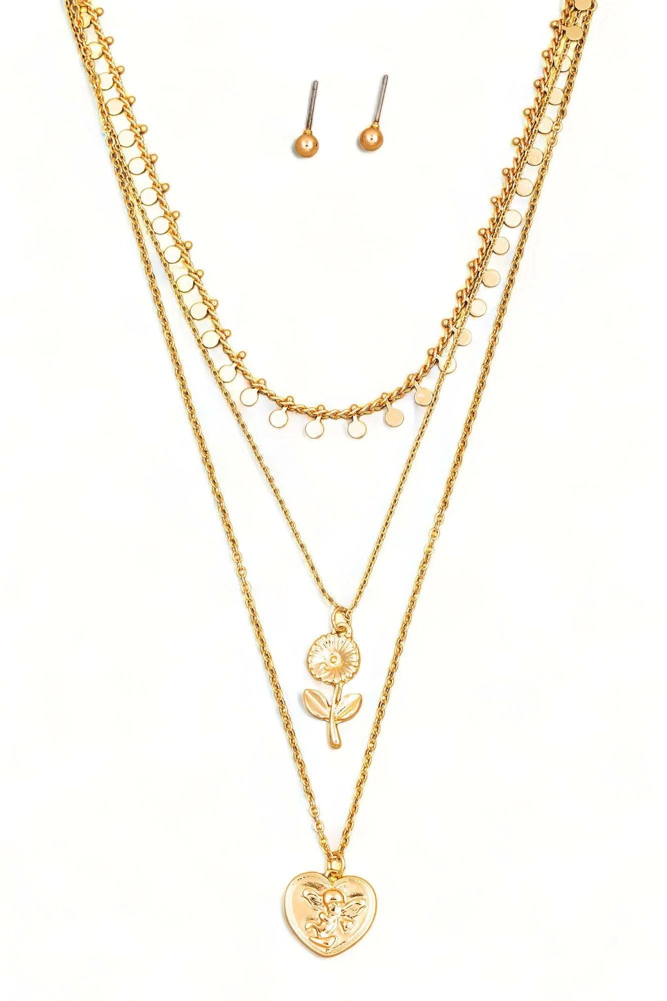 Dainty Layered Flower Heart Pendant Necklace & Ball Earring Set