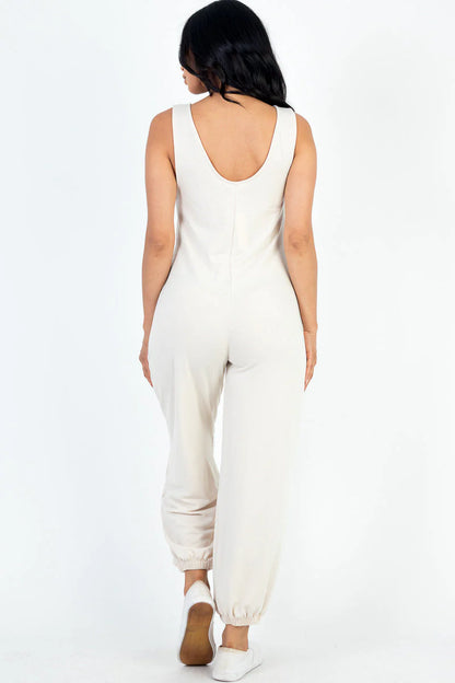 Casual Solid French Terry Sleeveless Scoop Neck Front Pocket Jumpsuit (CAPELLA)