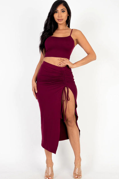 Cami Crop Top & Ruched Side Split Hem Midi Skirt Set (CAPELLA)